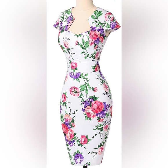 Retro Floral Print Knee Length Bodycon Dress - Picture 3 of 9